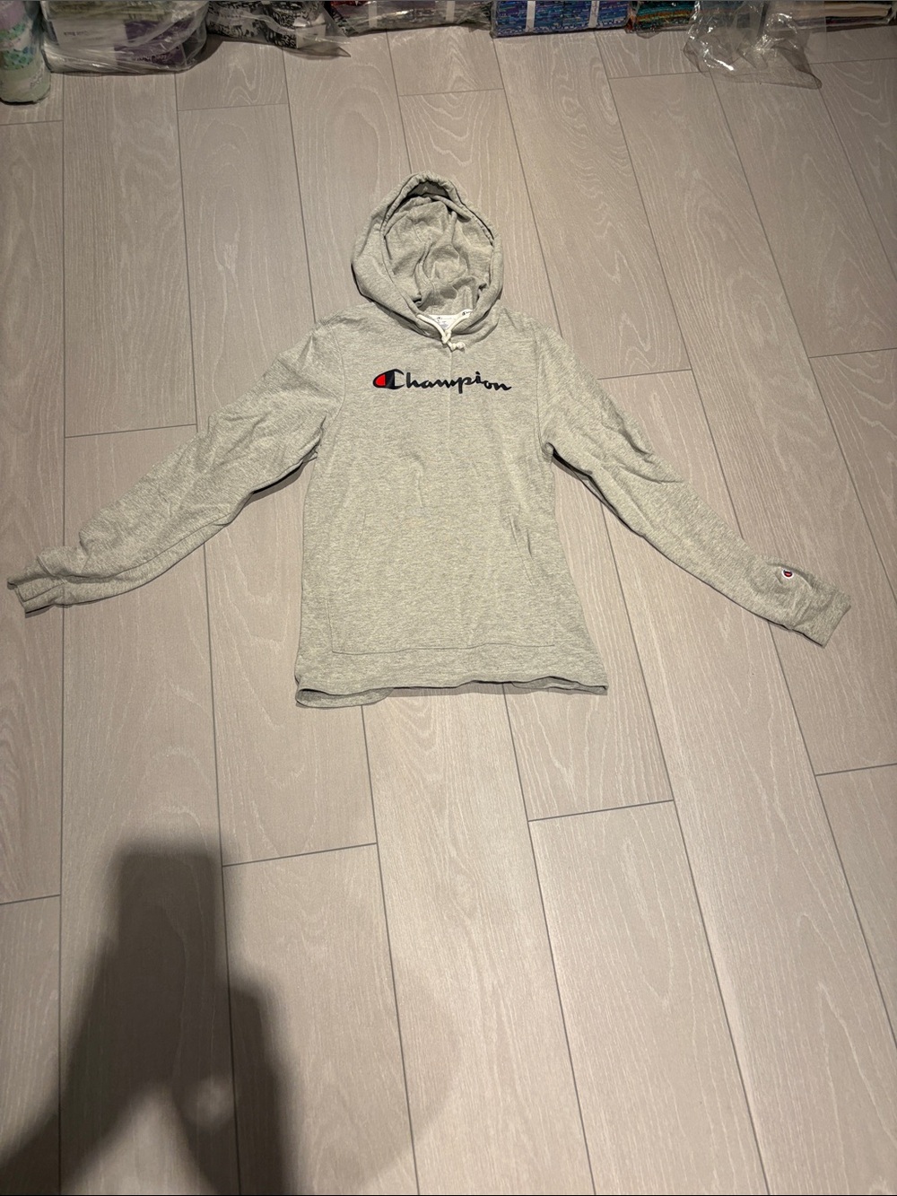 Champion Light Gray Hooded Pullover with Script Logo